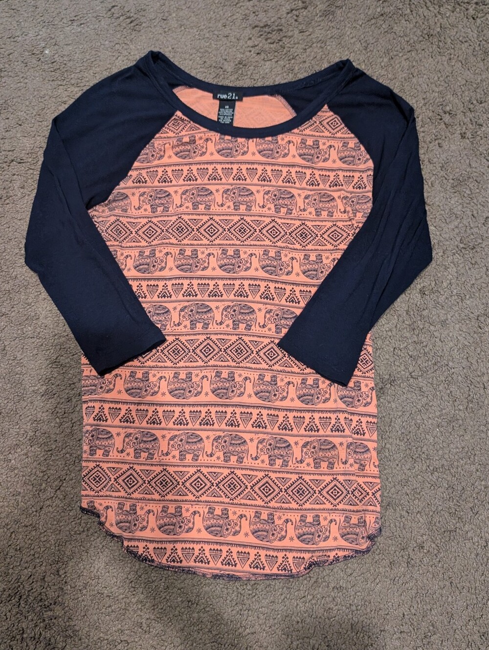 Rue21 Women's Navy and Coral Raglan Elephant Print Top
